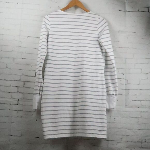 MARKET WHITE WITH GREY STRIPE ROUND NECK LONG SLEEVE CASUAL MIDI DRESS - Picture 7 of 8